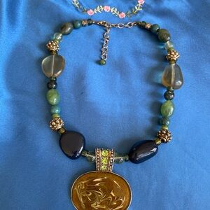 Artisan Shades of Green Handmade Lucite Glass Acrylic Beaded Pendant Necklace